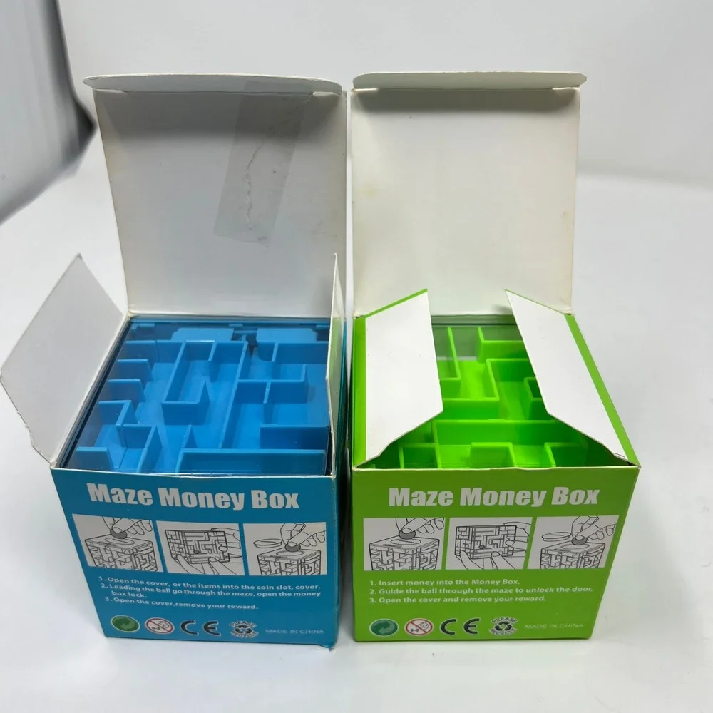 T.T. Toys Maze Money Box T70 Puzzle Bank Cube Blue & Green Lot of 2 Gift Novelty